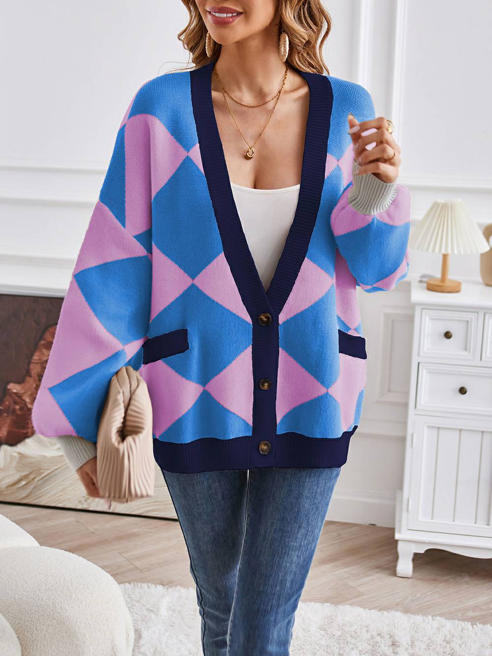 V-Neck Geometric Color Block Knit Cardigan-CALLISTARI