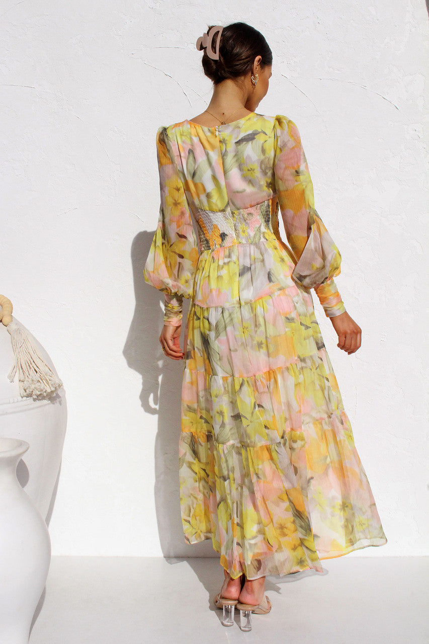 Painted Inspiration Floral Balloon Sleeves Maxi Dress-CALLISTARI