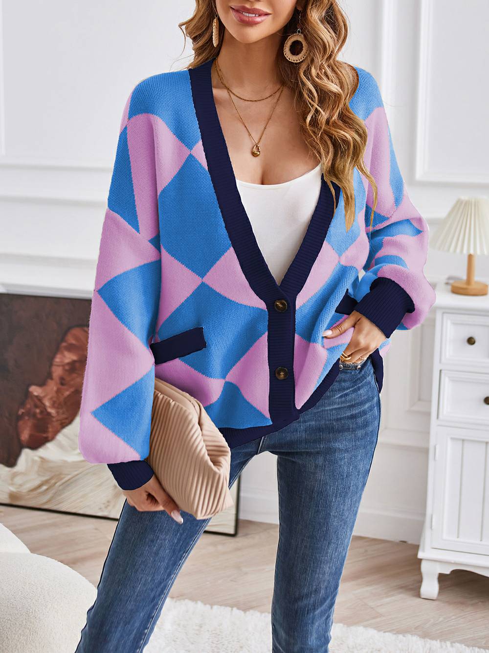 V-Neck Geometric Color Block Knit Cardigan-CALLISTARI