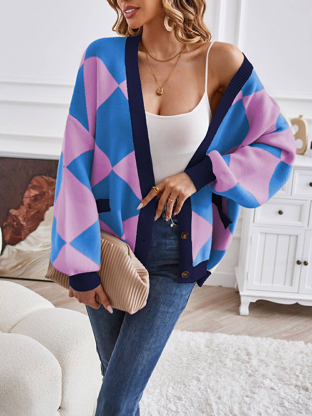 V-Neck Geometric Color Block Knit Cardigan-CALLISTARI