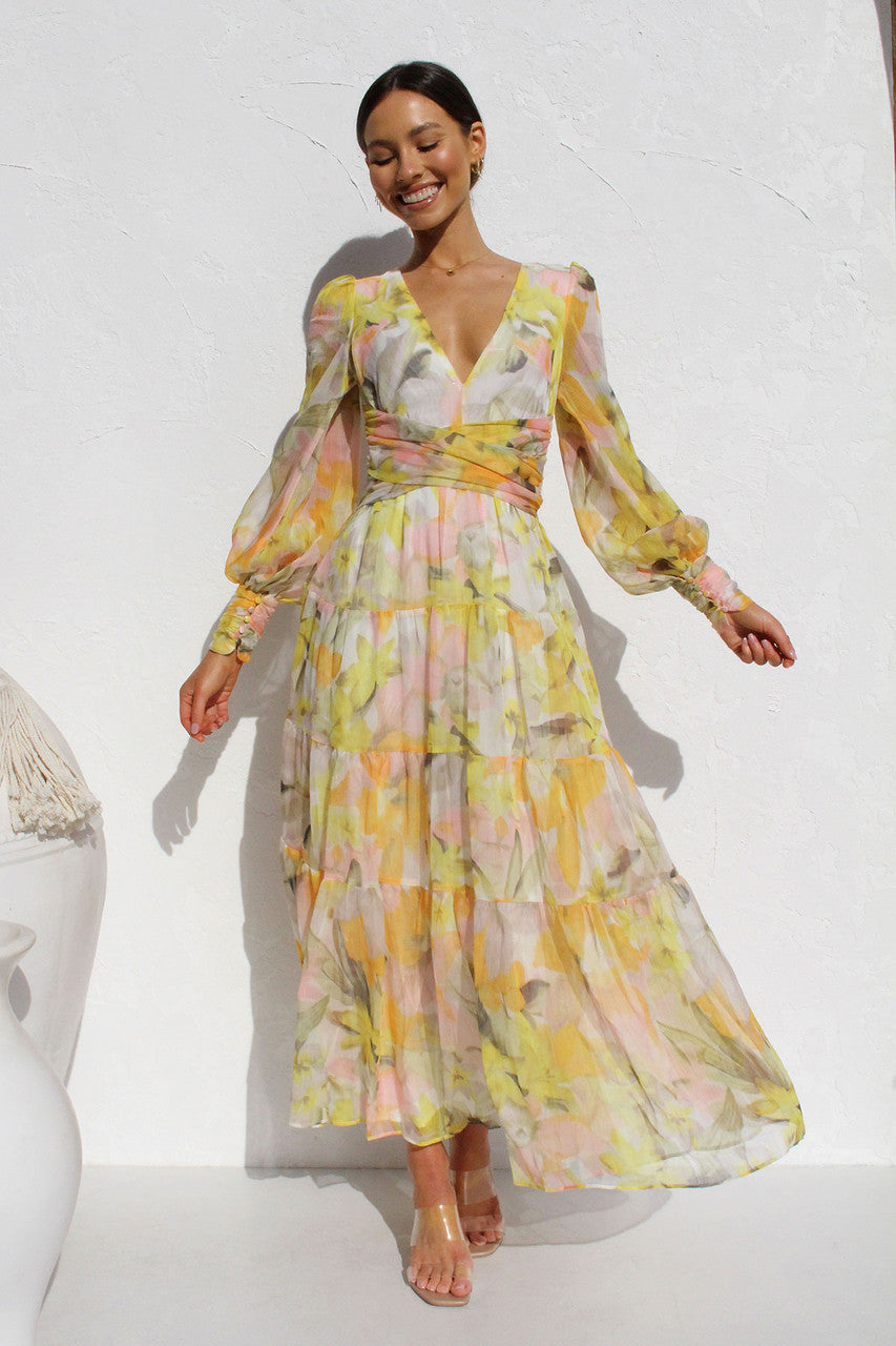 Painted Inspiration Floral Balloon Sleeves Maxi Dress-CALLISTARI
