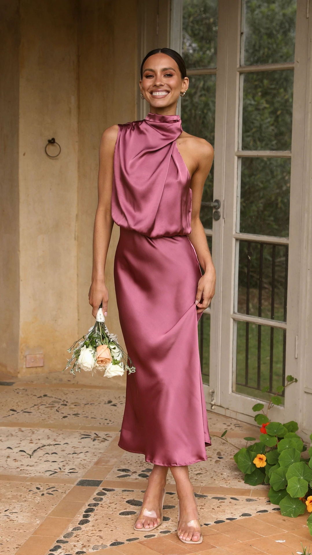 Curve Satin Ruched Halter Neck Maxi Dress In Orchid-CALLISTARI