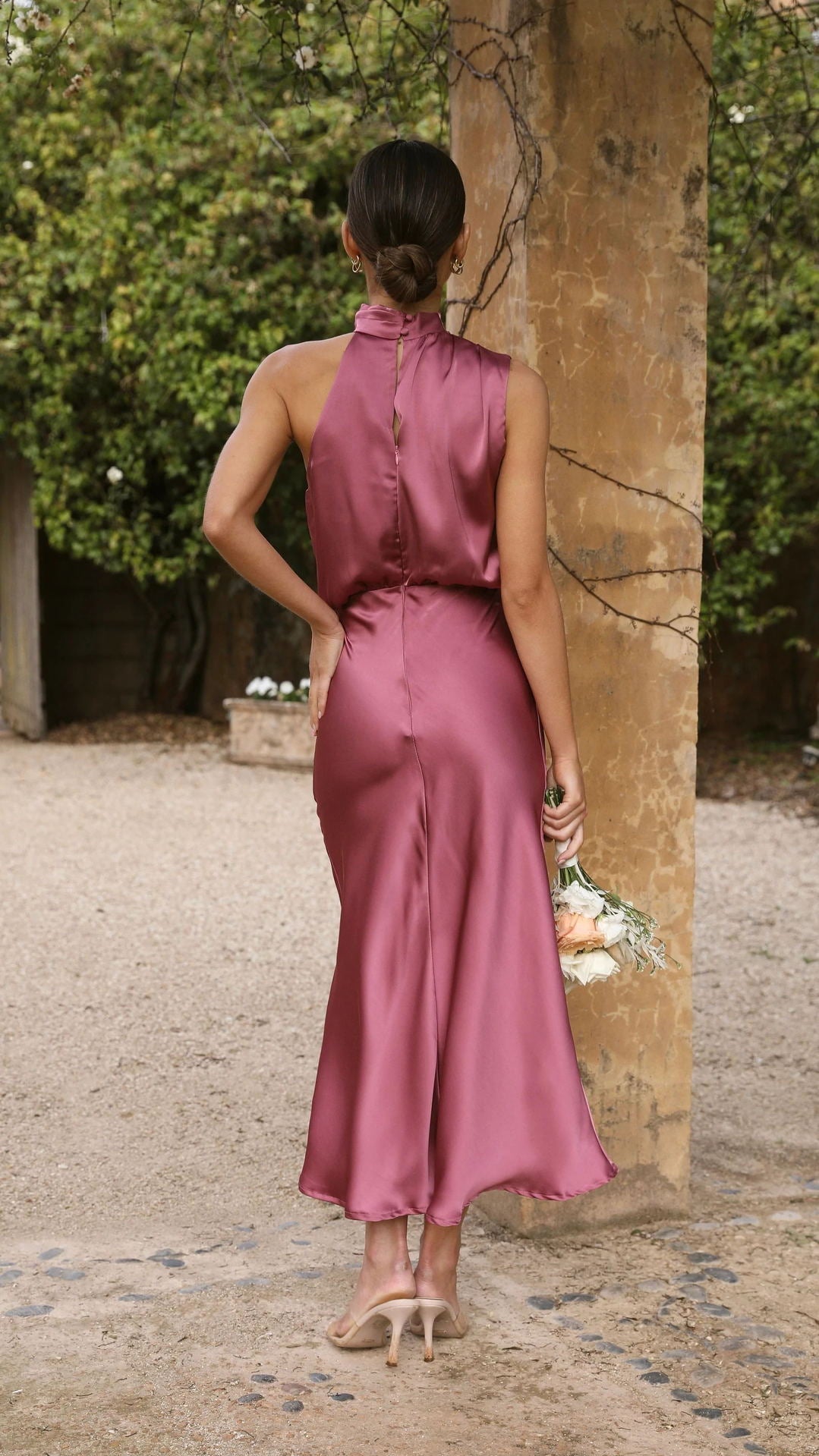 Curve Satin Ruched Halter Neck Maxi Dress In Orchid-CALLISTARI