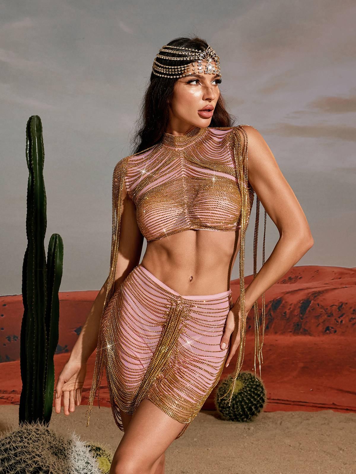 Abdiel Crystal Chain Skirt Set In Gold - Mew Mews