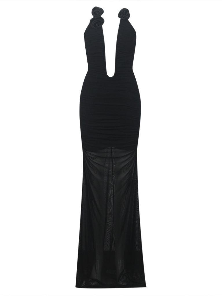 Ahinoam Strapless Flower Bandage Maxi Dress In Black - Mew Mews
