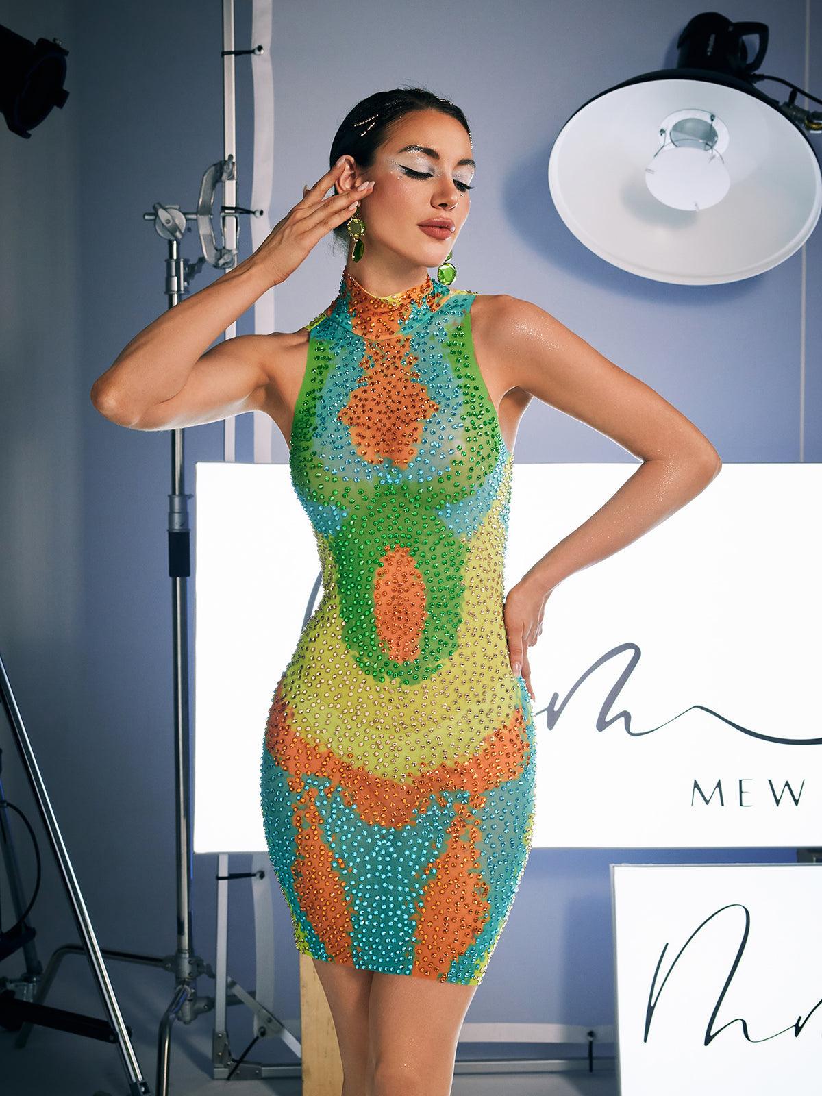 Aimee Print Crystal Embellished Mini Dress - Mew Mews