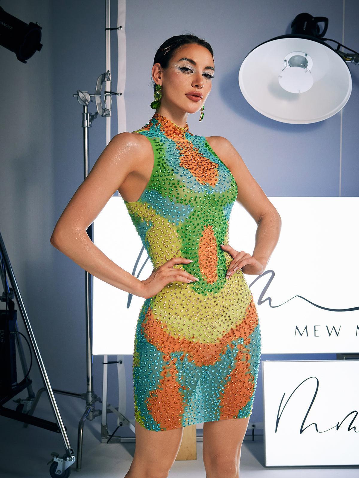 Aimee Print Crystal Embellished Mini Dress - Mew Mews