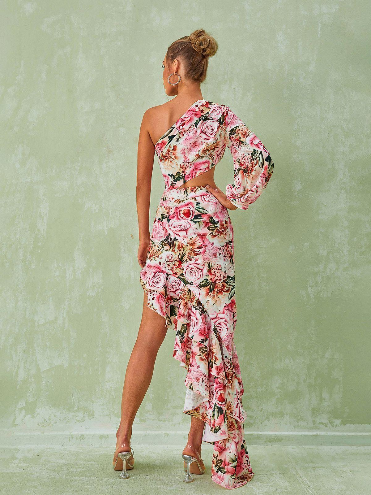 Aiyana One Shoulder Floral Maxi Dress In Pink - Mew Mews