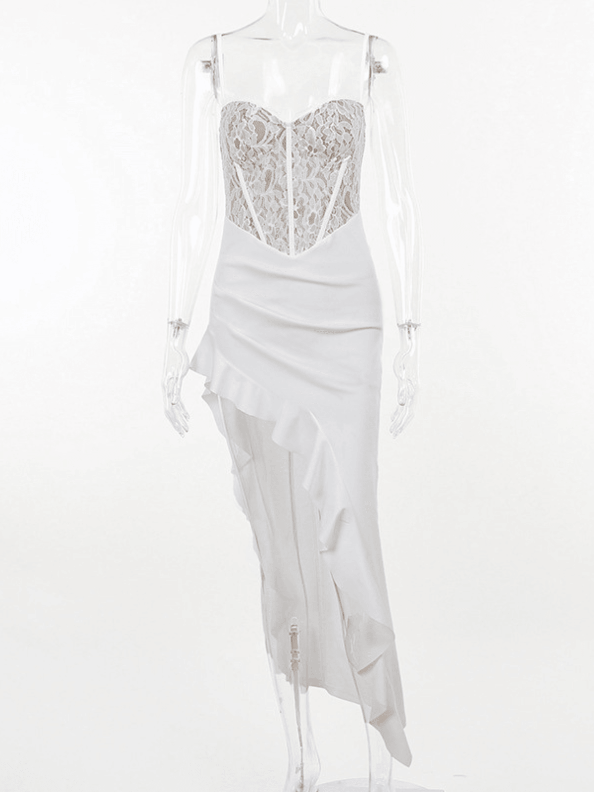 Aizen Lace Asymmetric Ruffle Midi Dress - Mew Mews