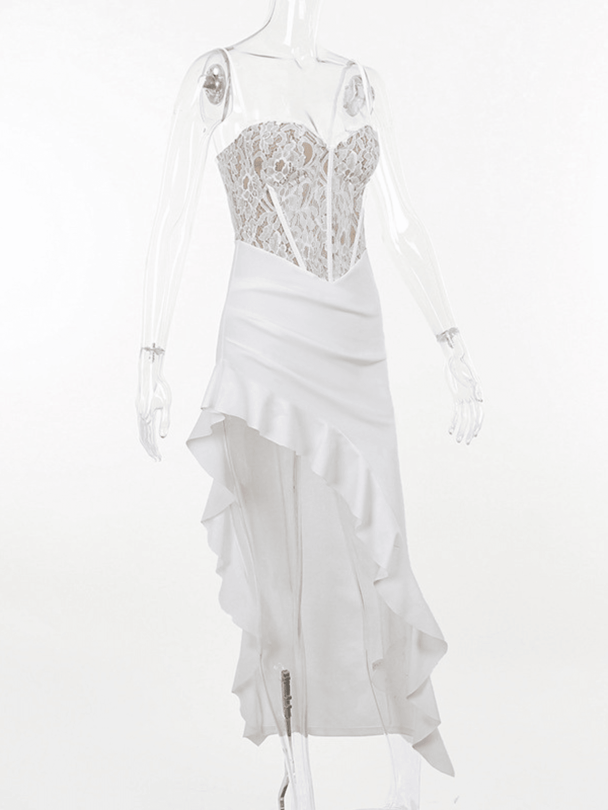 Aizen Lace Asymmetric Ruffle Midi Dress - Mew Mews