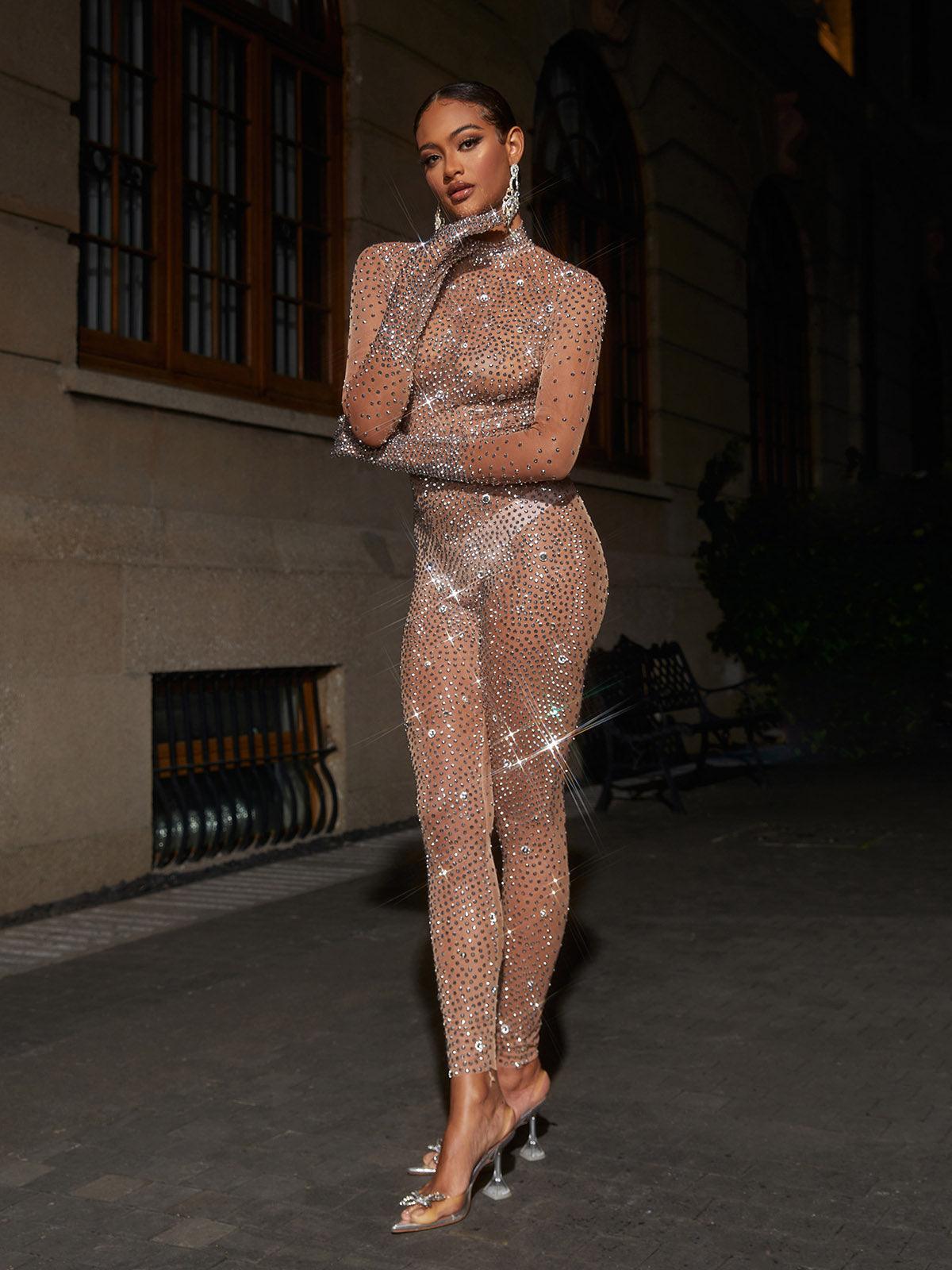 Ally Rhinestone Mesh Jumpsuit In Dark Nude - Mew Mews