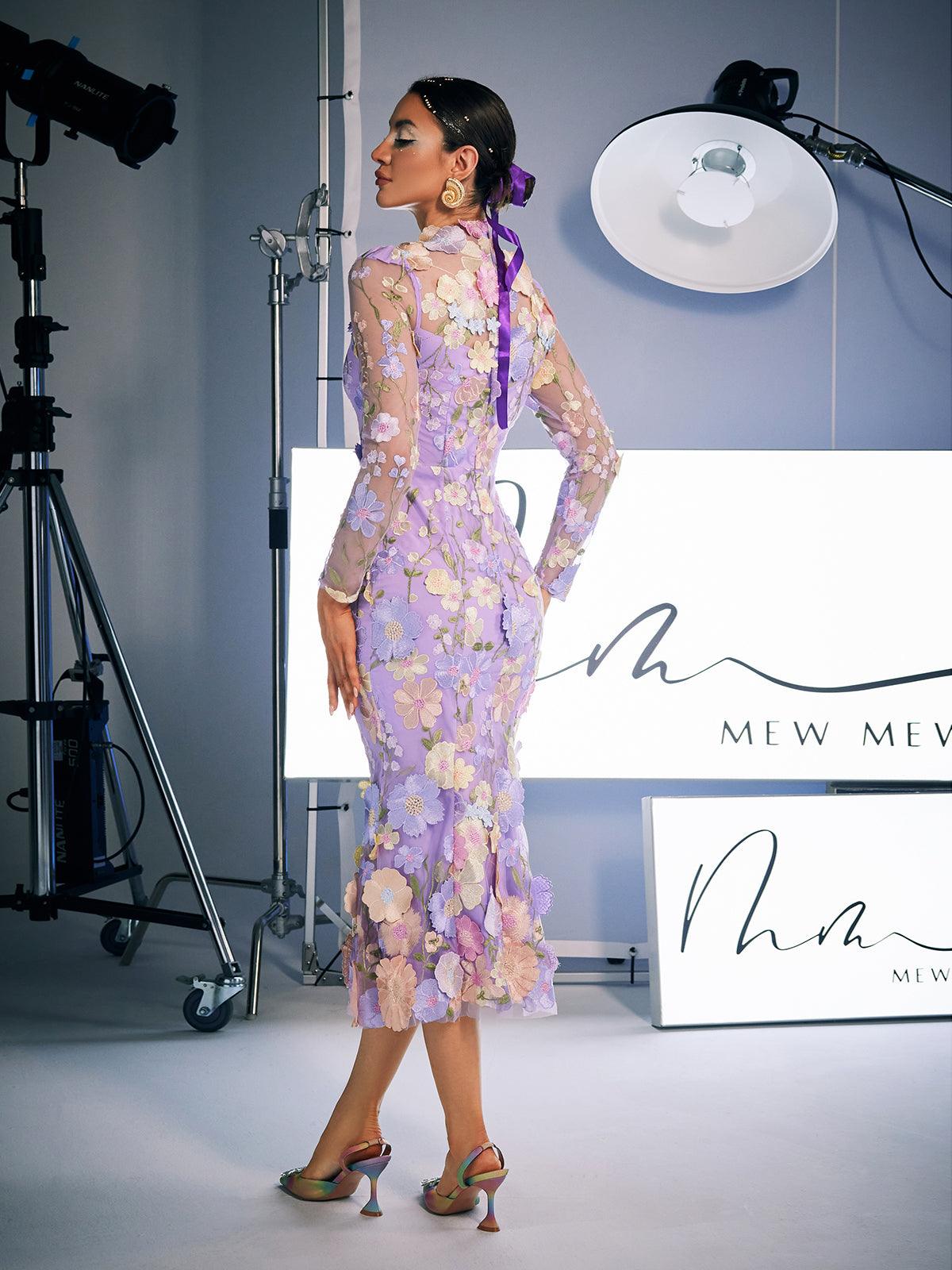 Amara Long Sleeve Embroidered Midi Dress In Purple - Mew Mews