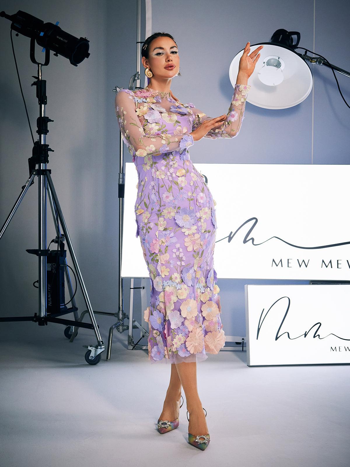 Amara Long Sleeve Embroidered Midi Dress In Purple - Mew Mews