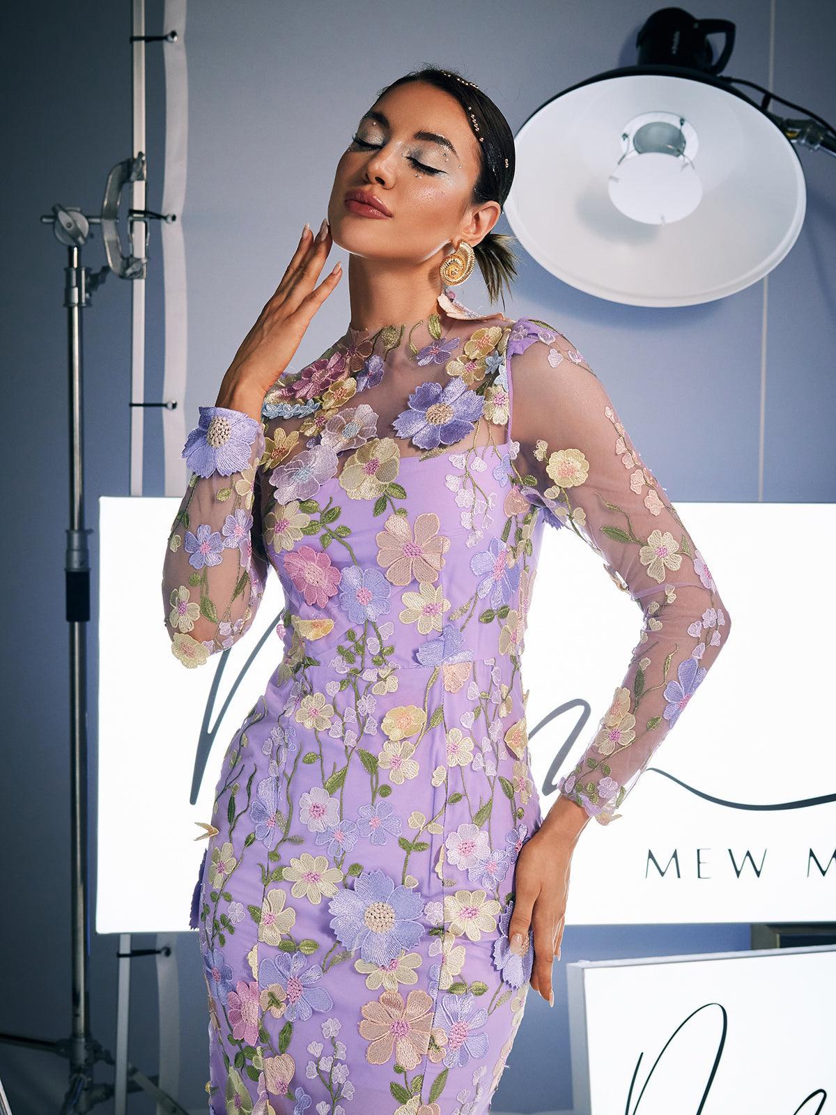 Amara Long Sleeve Embroidered Midi Dress In Purple - Mew Mews