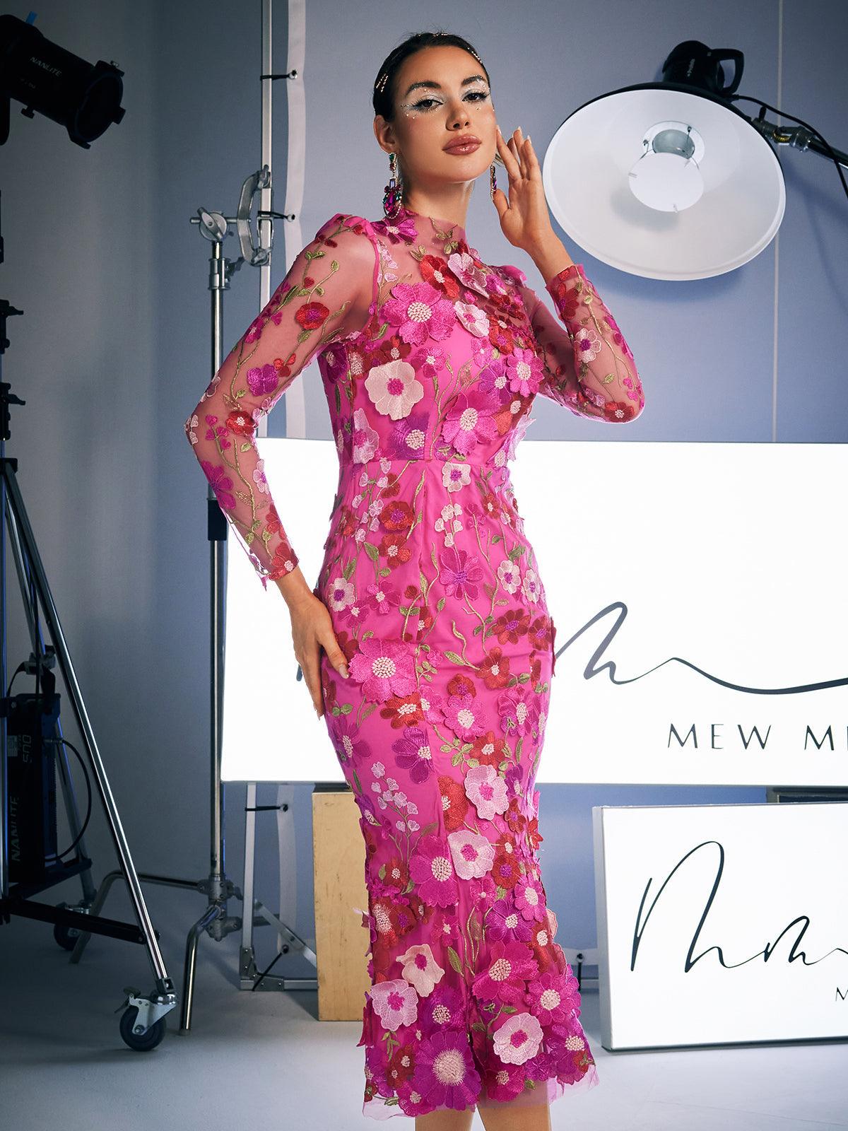 Amara Long Sleeve Embroidered Midi Dress In Hot Pink - Mew Mews