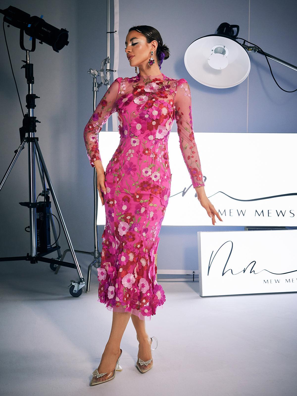 Amara Long Sleeve Embroidered Midi Dress In Hot Pink - Mew Mews