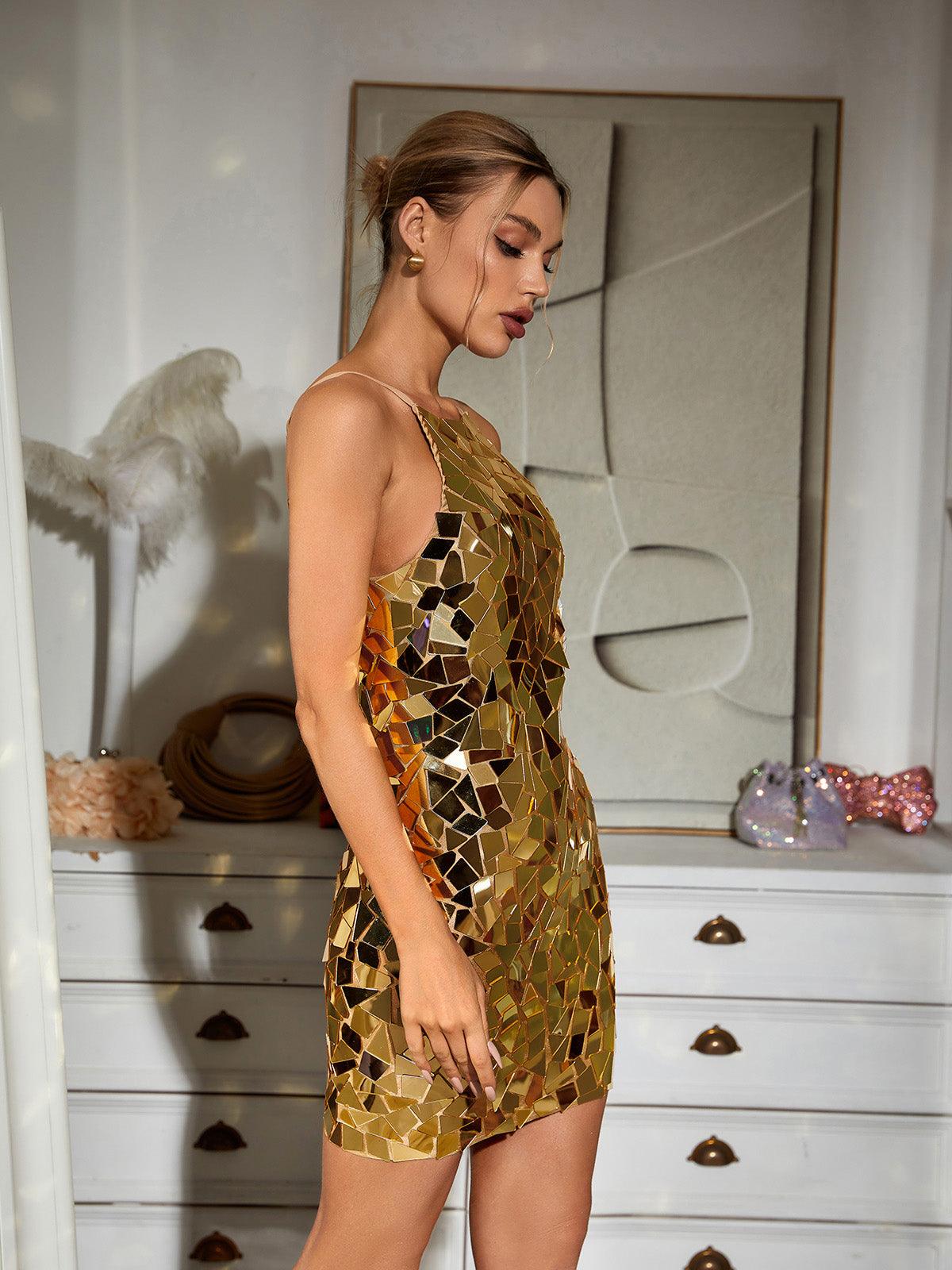 April Embellished Mini Dress In Gold - Mew Mews