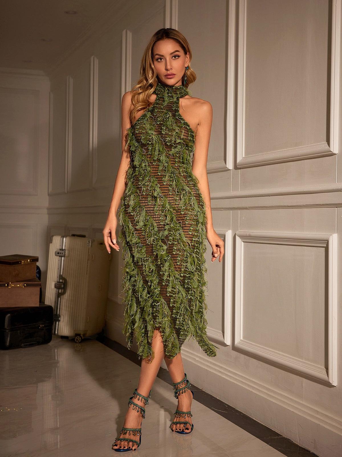 Arlo Halterneck Backless Hollow Midi Dress In Green - Mew Mews