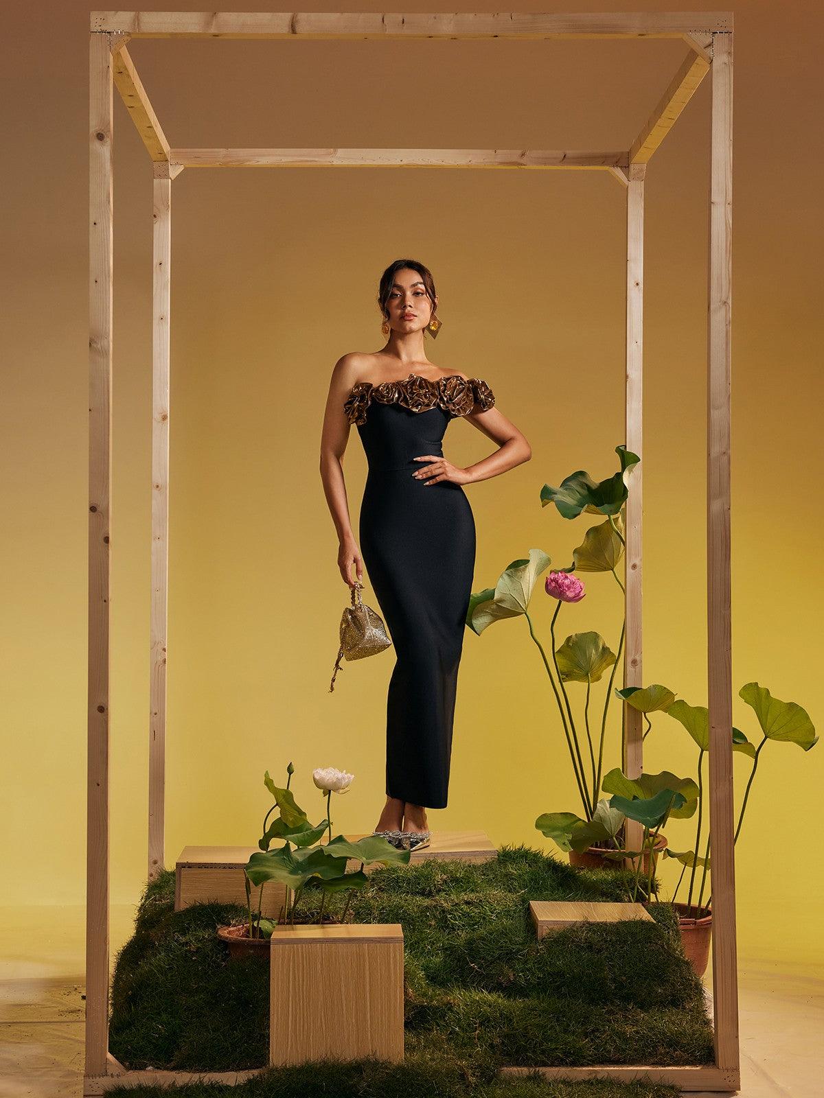 Arnau One Shoulder Flower Bandage Maxi Dress - Mew Mews