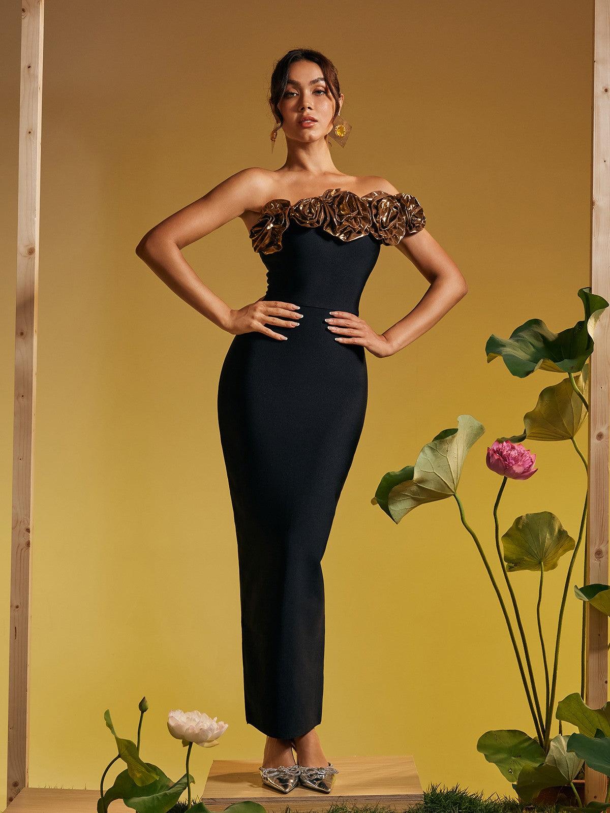 Arnau One Shoulder Flower Bandage Maxi Dress - Mew Mews