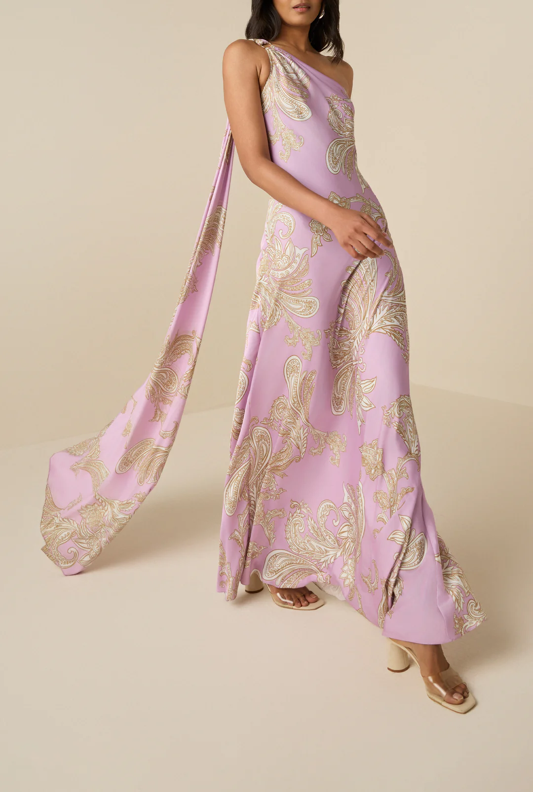 Glam One - Shoulder Paisley Print Satin Maxi Dress