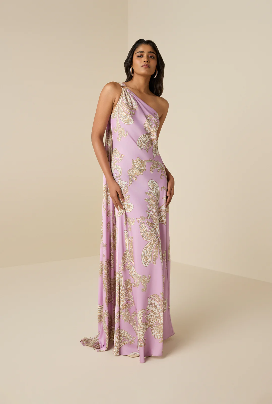 Glam One - Shoulder Paisley Print Satin Maxi Dress