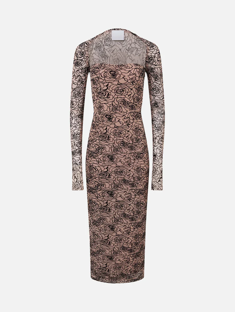 Elegant Rose Print Mesh Off - Shoulder Maxi Dress