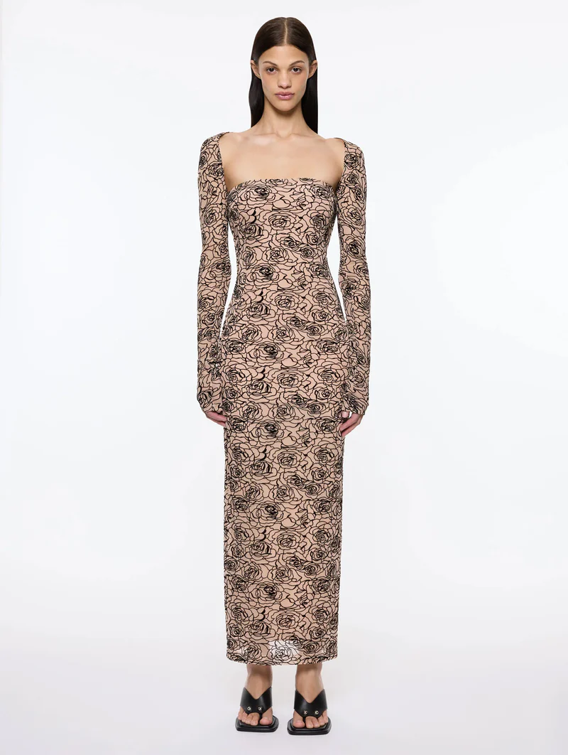 Elegant Rose Print Mesh Off - Shoulder Maxi Dress