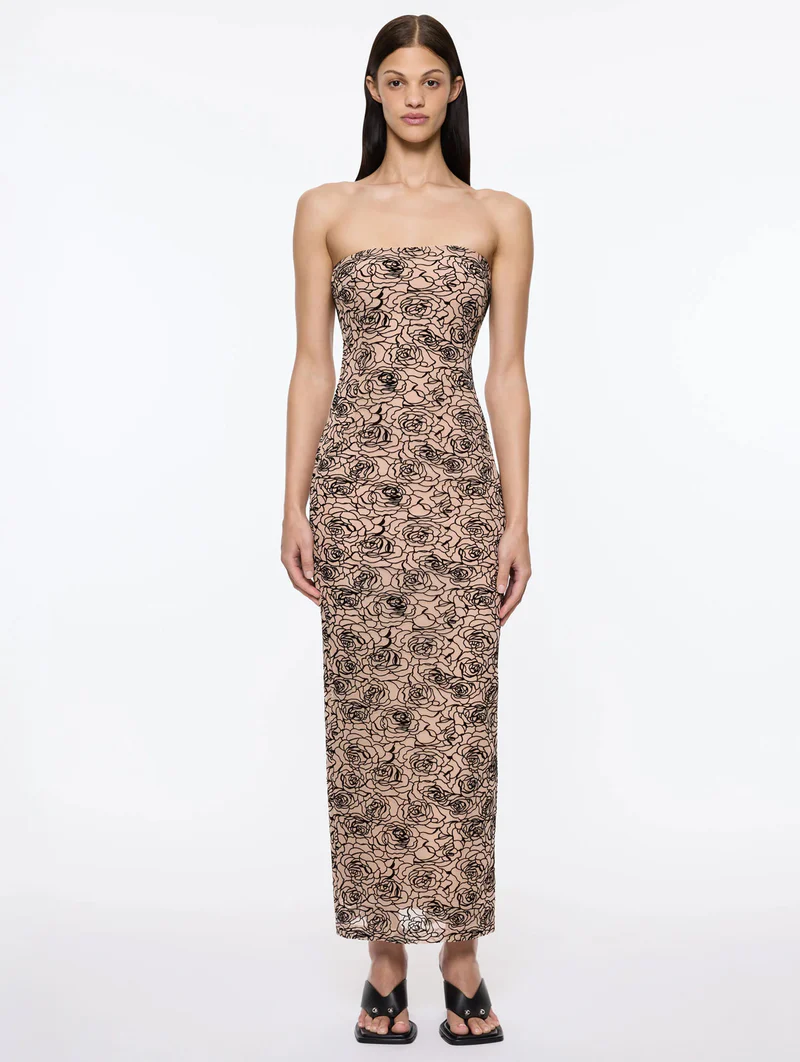 Elegant Rose Print Mesh Off - Shoulder Maxi Dress