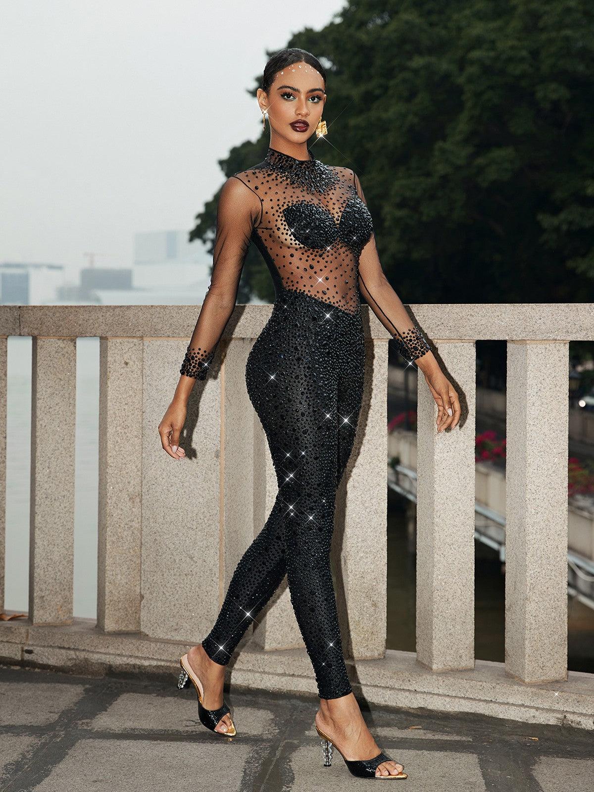 Azami Mesh Crystal Jumpsuit In Black - Mew Mews