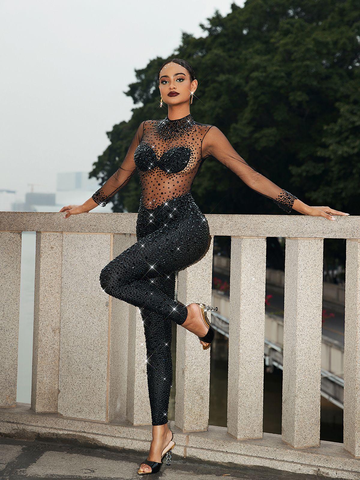 Azami Mesh Crystal Jumpsuit In Black - Mew Mews