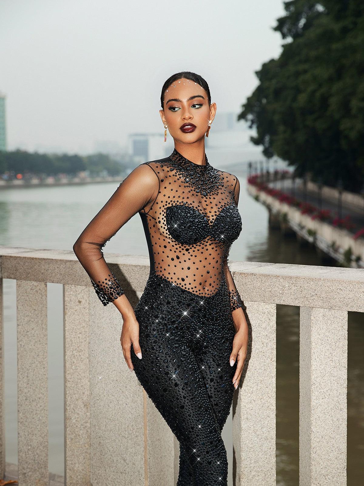 Azami Mesh Crystal Jumpsuit In Black - Mew Mews