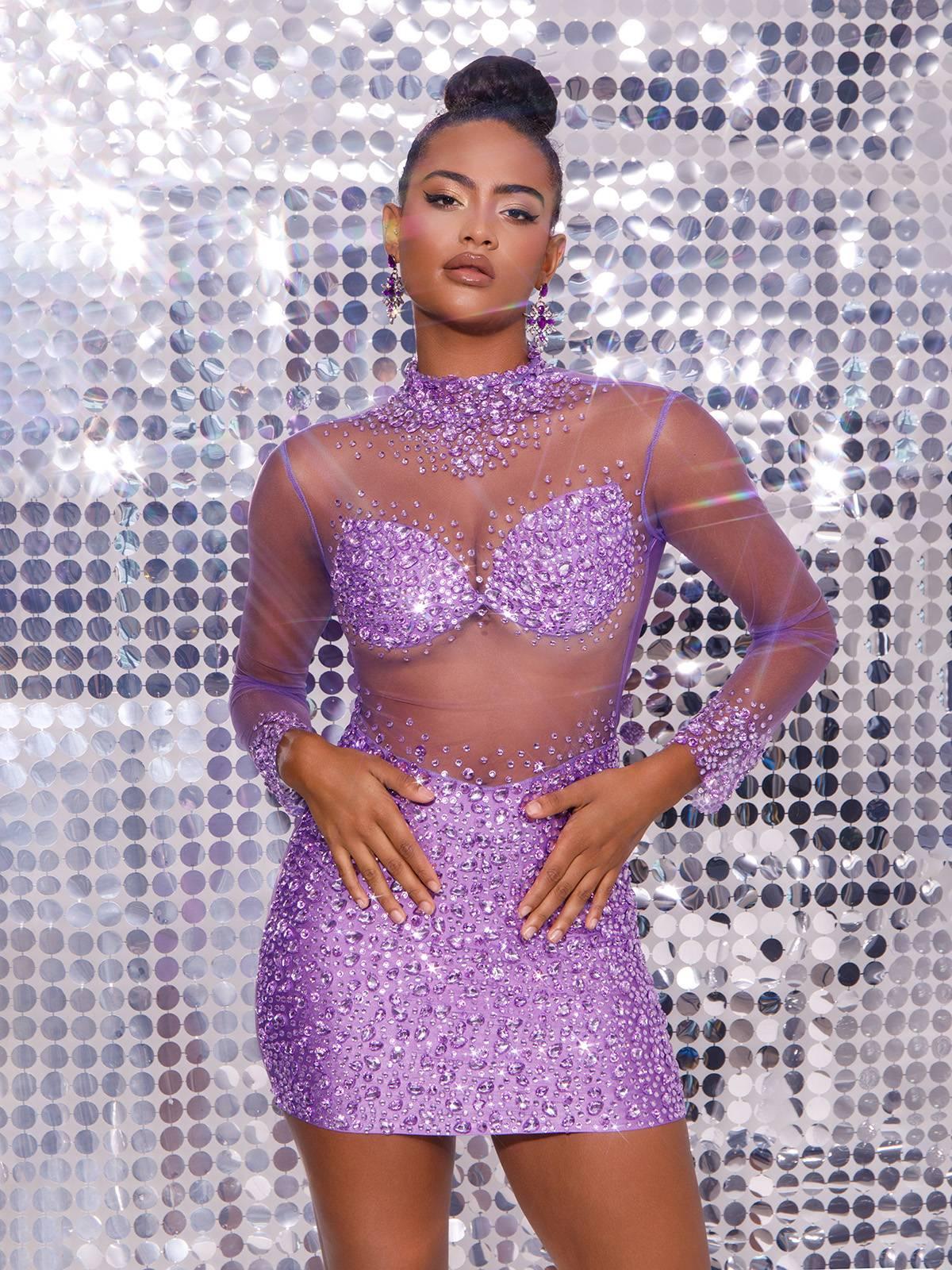 Azami Mesh Crystal Mini Dress In Purple - Mew Mews