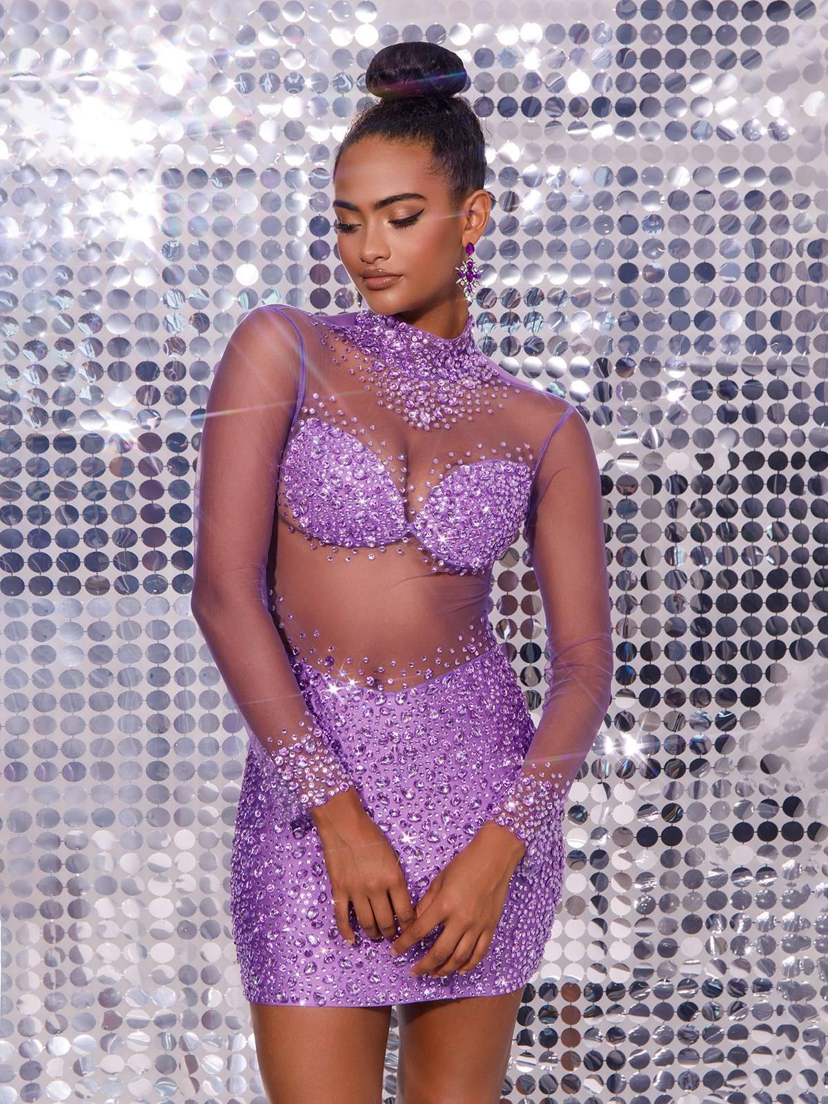 Azami Mesh Crystal Mini Dress In Purple - Mew Mews