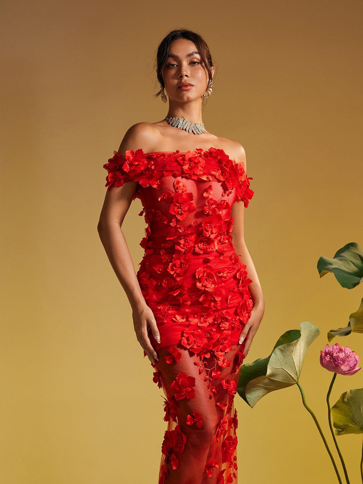 Azizi Off Shoulder Flower Mesh Maxi Dress - Mew Mews