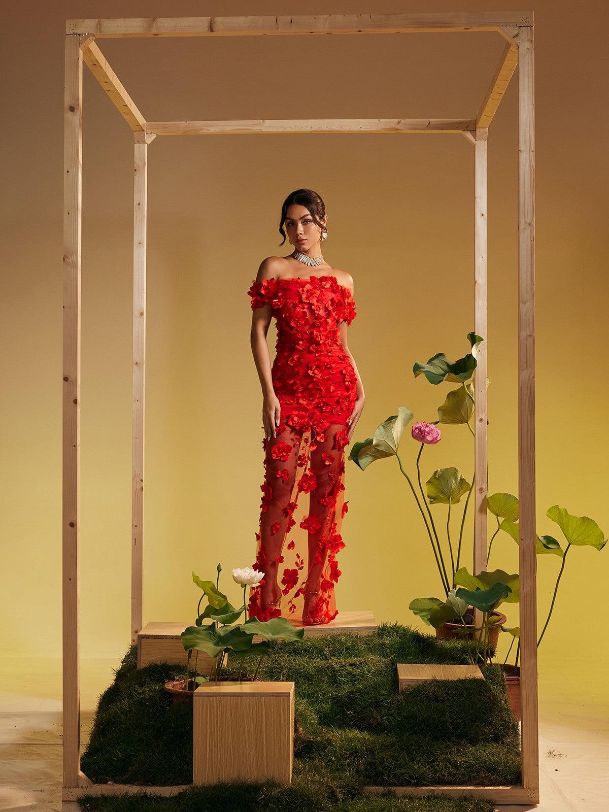 Azizi Off Shoulder Flower Mesh Maxi Dress - Mew Mews