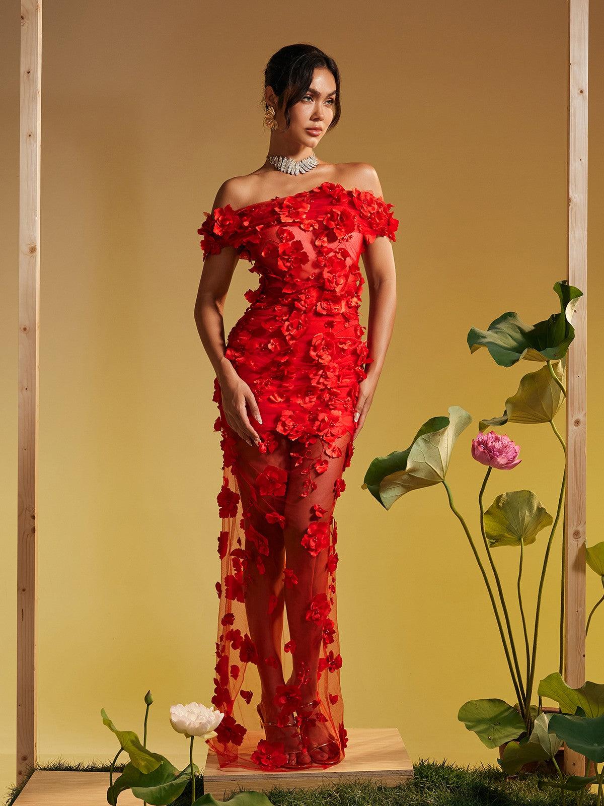 Azizi Off Shoulder Flower Mesh Maxi Dress - Mew Mews