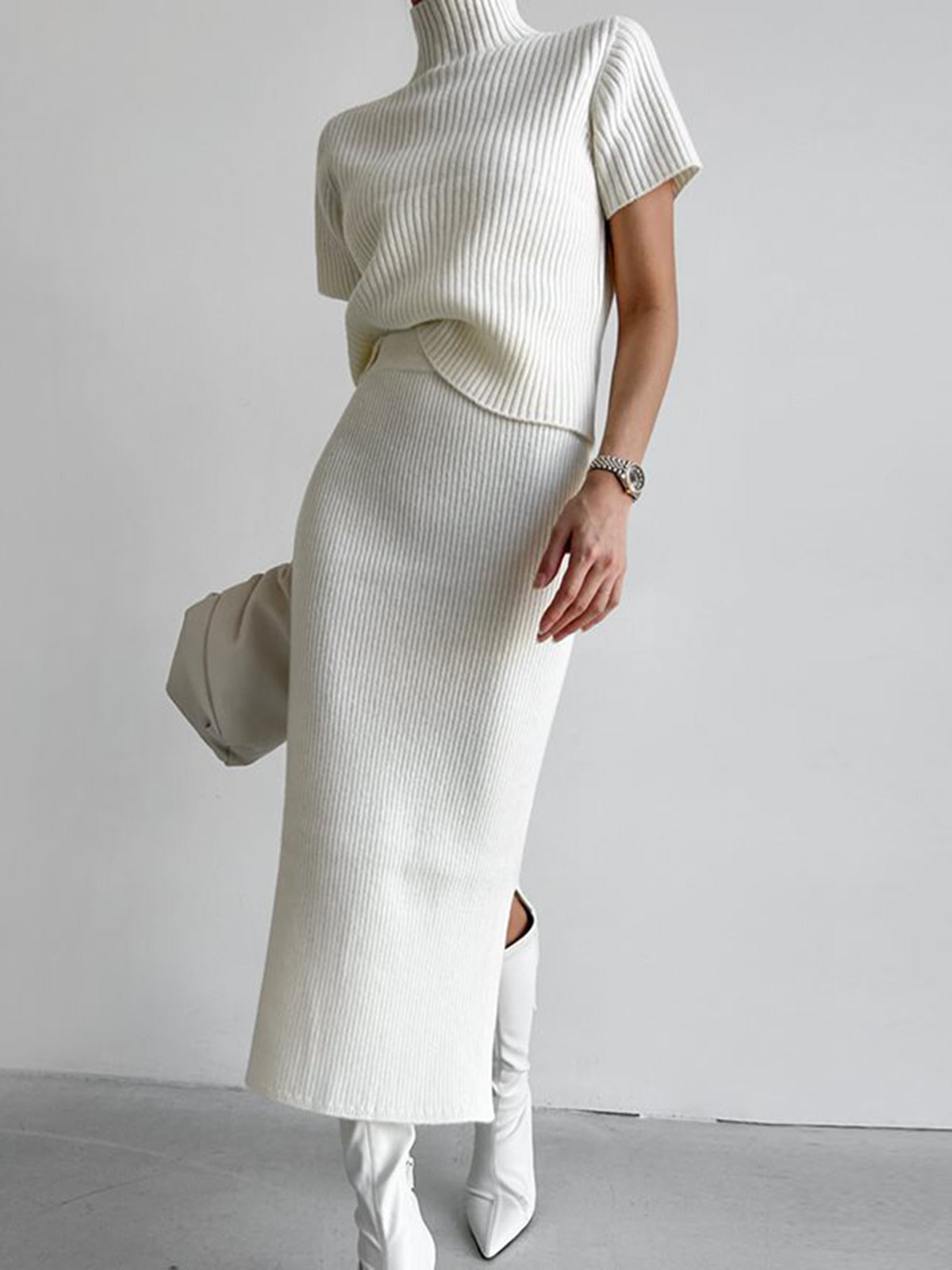 Solid High Neck Split Ribbed Knit Two Pieces Skirt Set-CALLISTARI