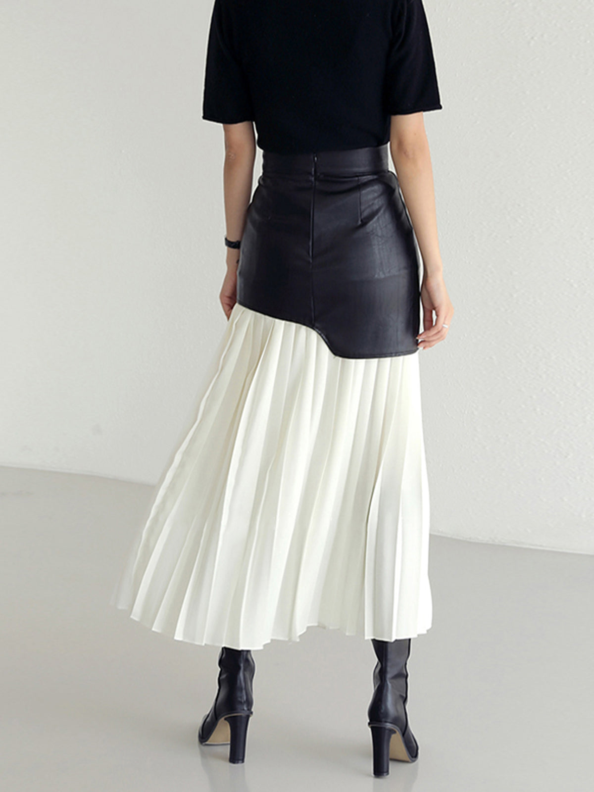 Asymmetric Patchwork Faux Leather Chiffon Pleated Midi Skirt-CALLISTARI
