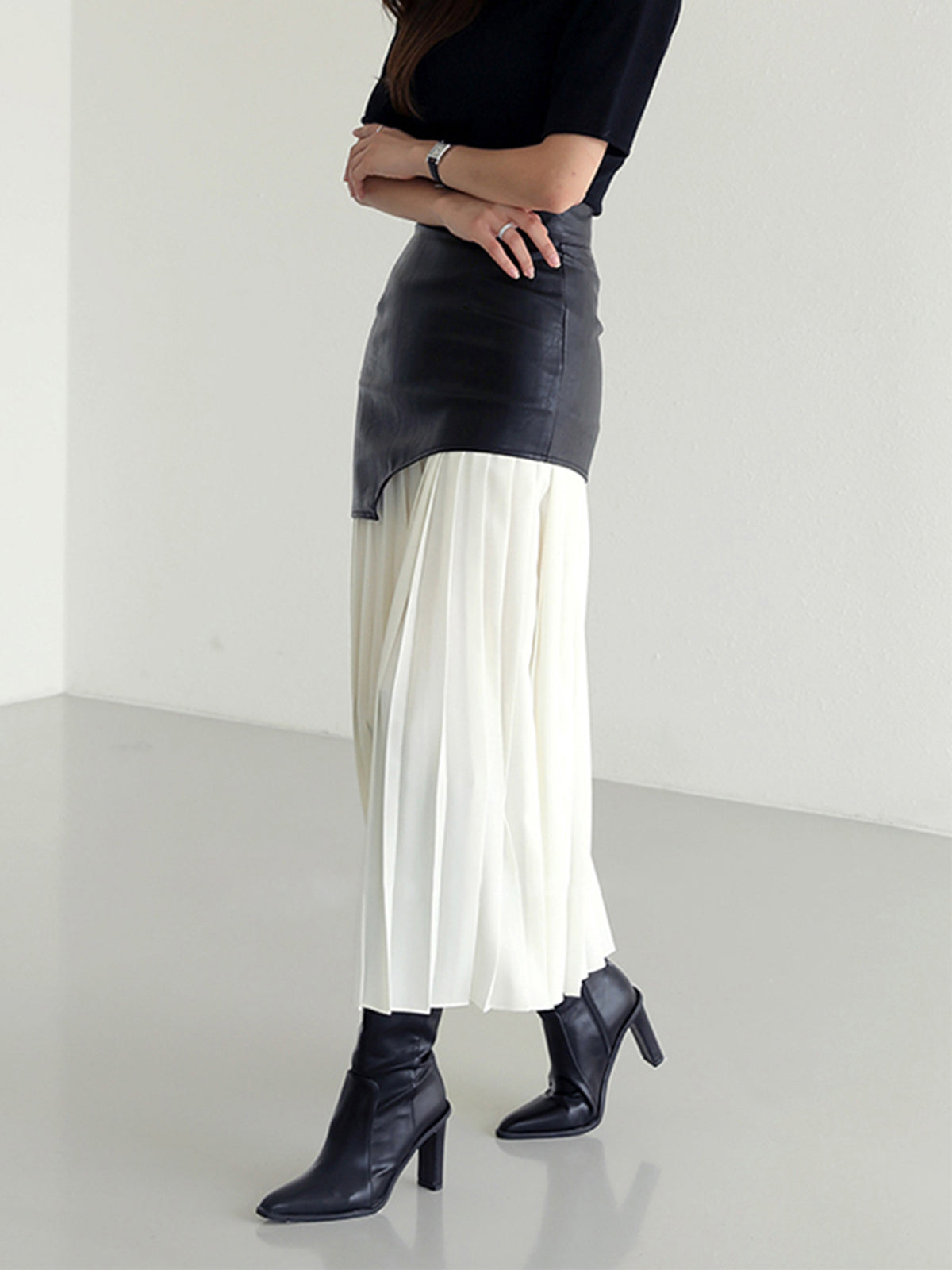 Asymmetric Patchwork Faux Leather Chiffon Pleated Midi Skirt-CALLISTARI