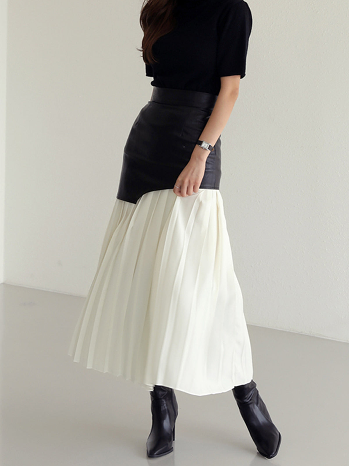 Asymmetric Patchwork Faux Leather Chiffon Pleated Midi Skirt-CALLISTARI
