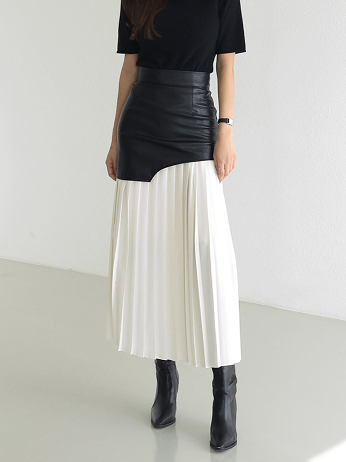 Asymmetric Patchwork Faux Leather Chiffon Pleated Midi Skirt-CALLISTARI