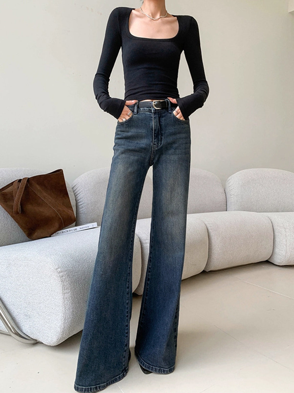 Vintage Denim Washed Wide Leg Jeans-CALLISTARI