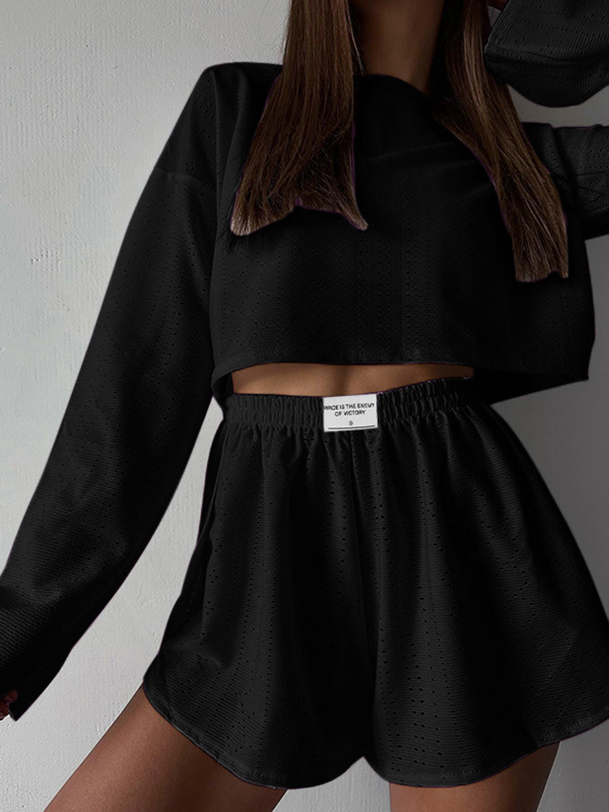 Solid Ripped Split Shorts Set-CALLISTARI