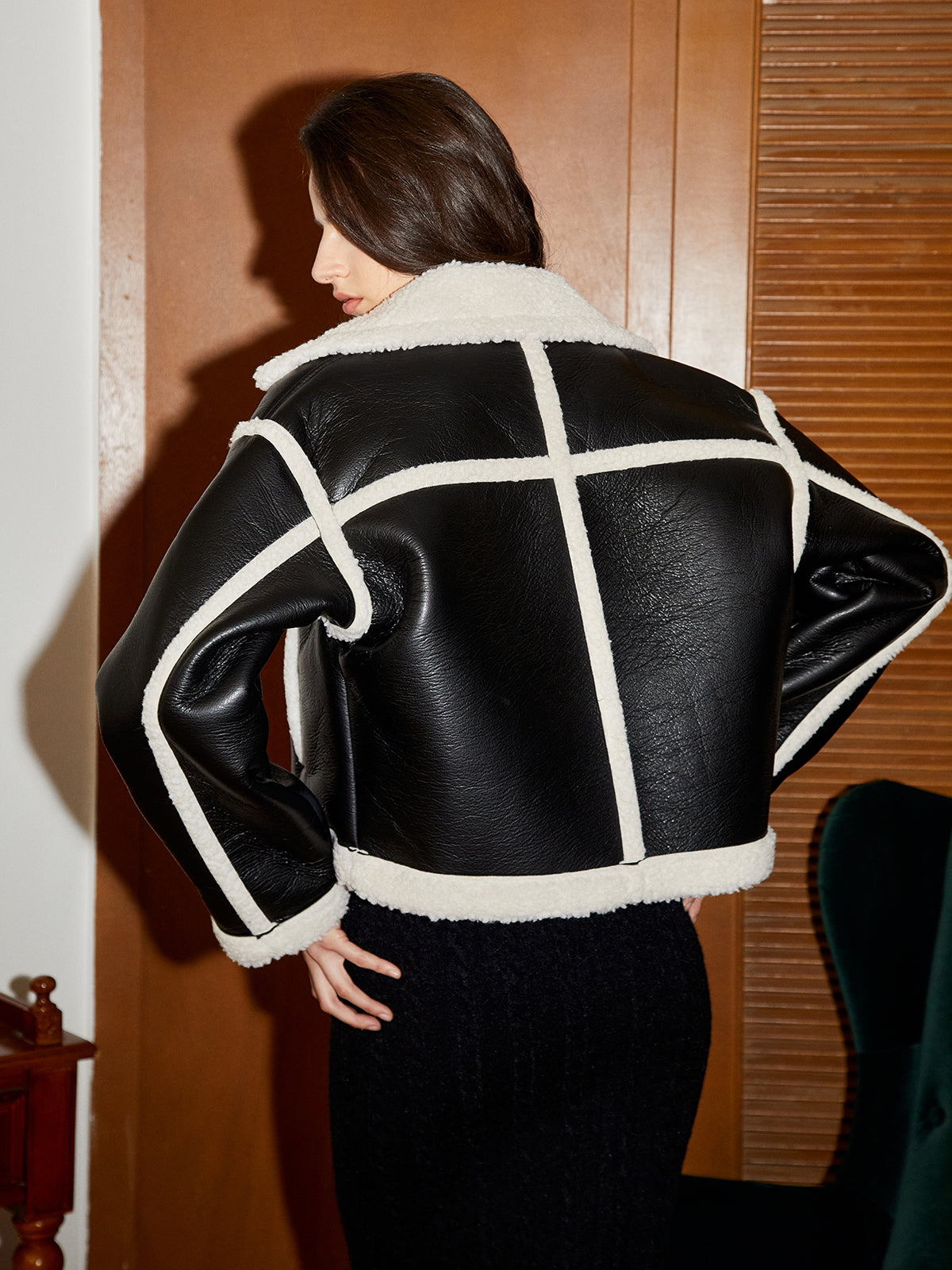 Sherpa Lined Contrast Trim Faux Leather Jacket-CALLISTARI