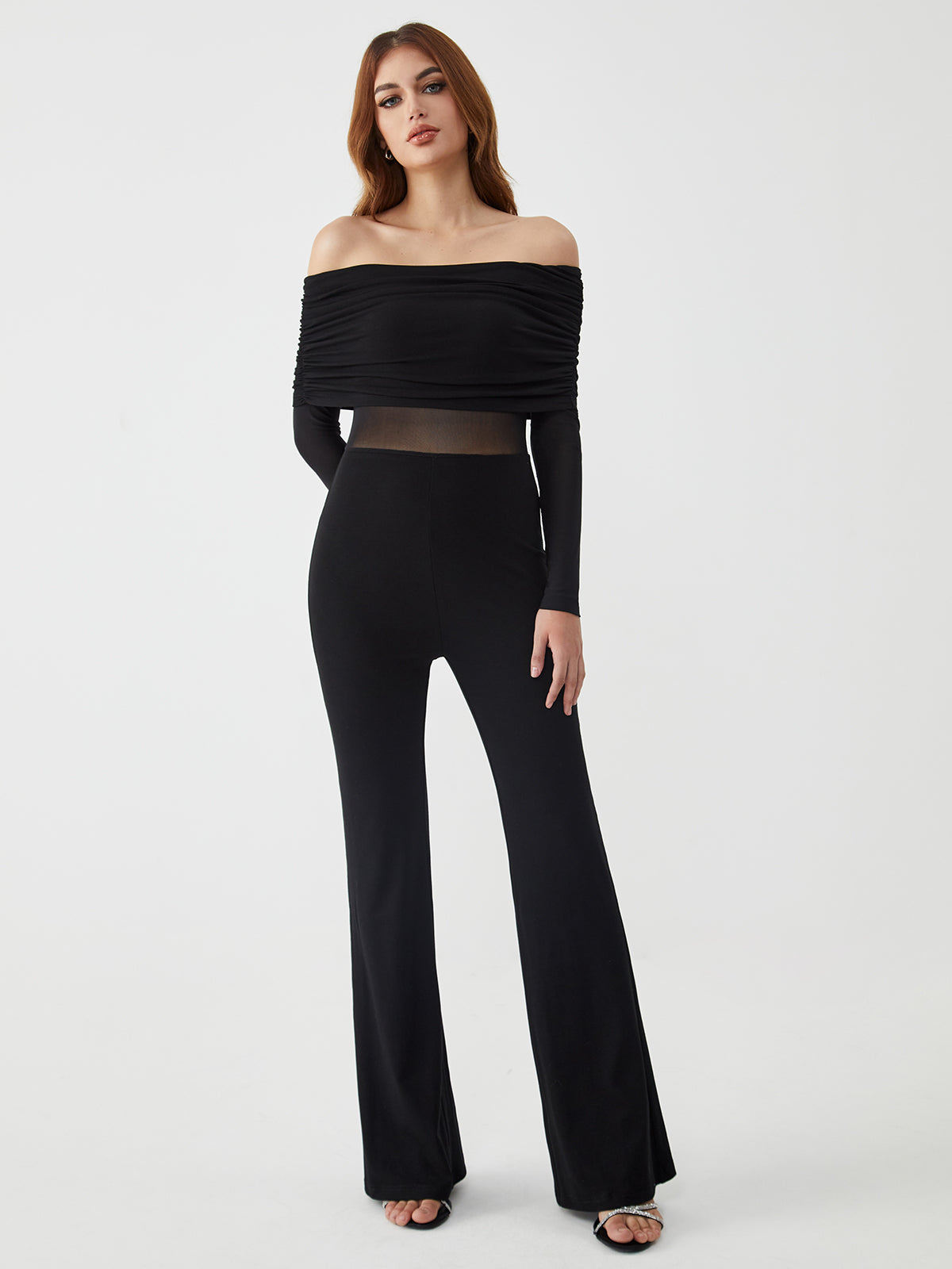 Callistari Callistari Overfold Off-Shoulder Mesh Long Sleeve Jumpsuit-CALLISTARI