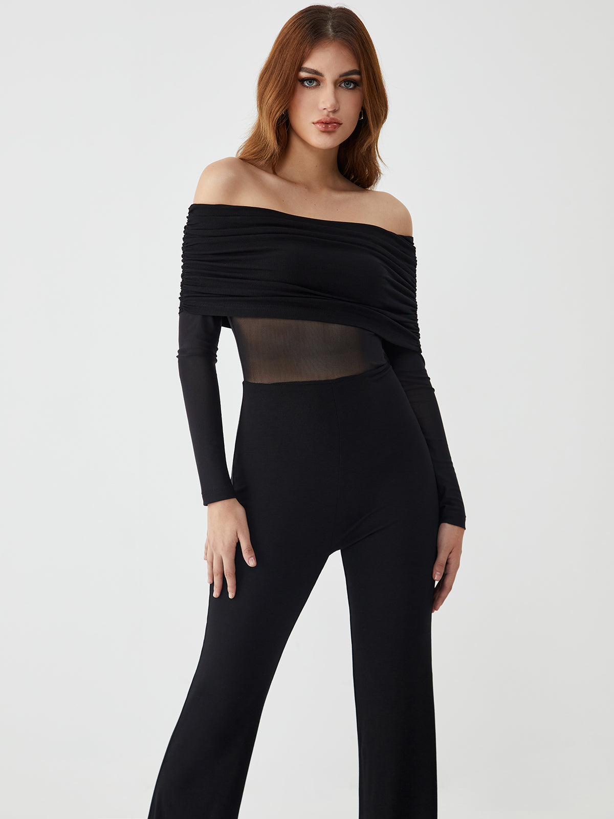 Callistari Callistari Overfold Off-Shoulder Mesh Long Sleeve Jumpsuit-CALLISTARI