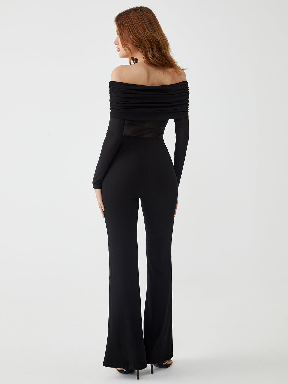 Callistari Callistari Overfold Off-Shoulder Mesh Long Sleeve Jumpsuit-CALLISTARI