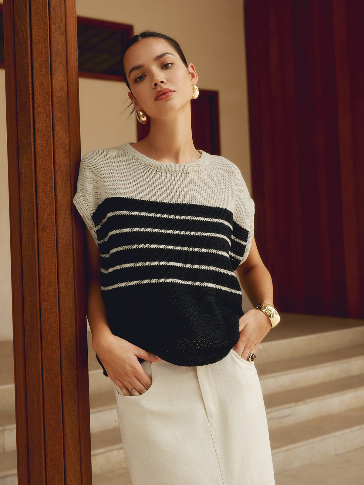 Casual Cotton Blends Striped Knit Top-CALLISTARI