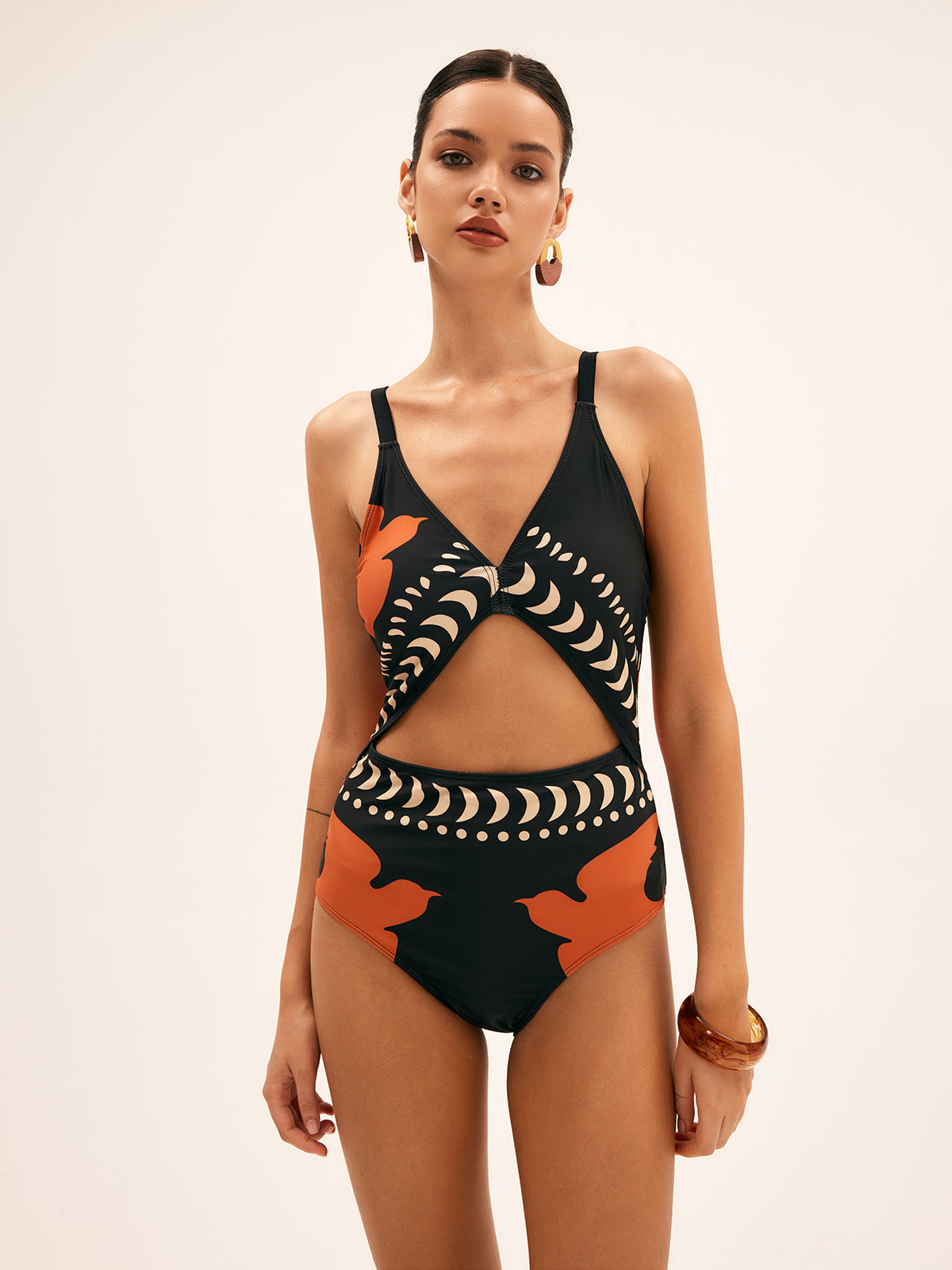 Bird Print Cutout One Piece Swimsuit-CALLISTARI